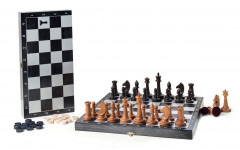 Игра 2в1 малая черная, рисунок серебро с гроссмейстерскими буковыми шахматами (шашки, шахматы) 